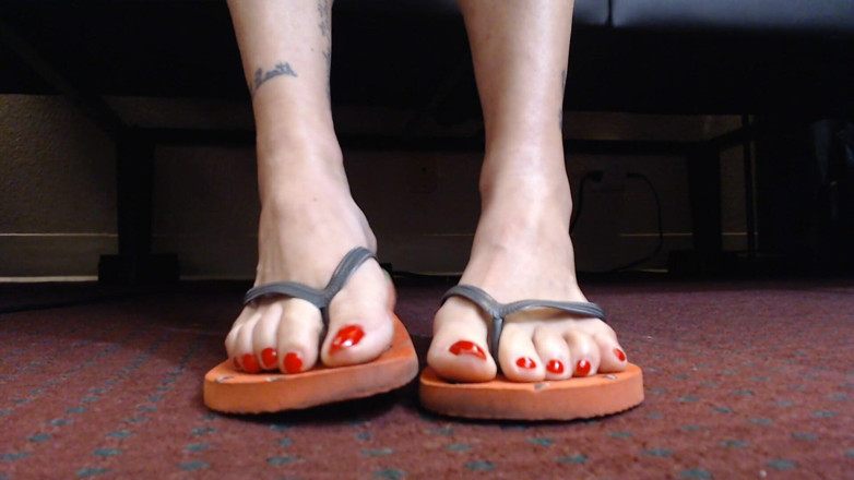 Abby Anna: Red nails flip flop shoe play closeup