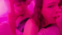Gorgeous Goth T-girl Fucked Hard in Pink-light with Cumswallowing thumbnail