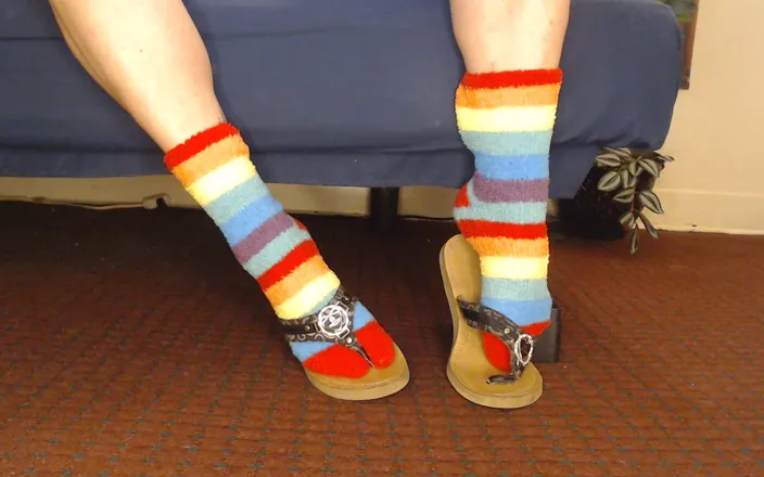 Abby Anna: Fuzzy Rainbow Socks Guess Leather Flip Flops