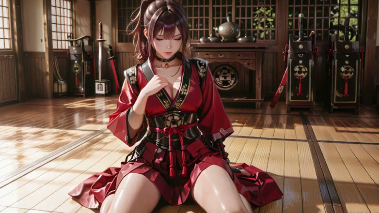 Seraphina Vale: Crimson Samurai! Zrzavá válečnice klečí na slunci