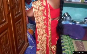 Desi Bhabi Changing Her Red Shari.