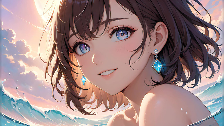 LustRender: Pastel Reflections: seorang wanita muda yang cantik dengan langit lembut...