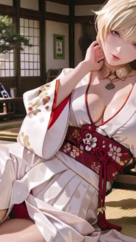 Schrein-geheimnis des blonden kimono-mädchens! Knien unter dem Torii-Tor in einem mit Bege modifizierten Kimono