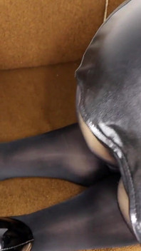 Jerks off his feet. Latex. Cum on legs