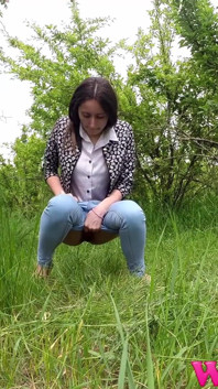 Skinny Desperate Girl Pee in the Grass in the Forest