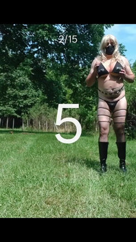 Huge Fake Tits Crossdresser in a Bikini Outside Jacking off