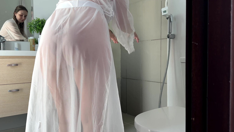 Alina Rai: Stepmom Cleans the Bathroom in Her Sheer Dress. Slowly