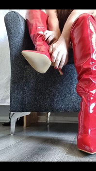 Putting My Red Thigh High Boots on Without Socks