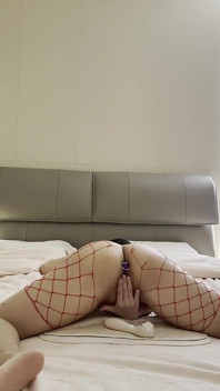 Asian Intense Masturbation with Butt Plug and Vibrator, Fishnet Stockings Fantasy