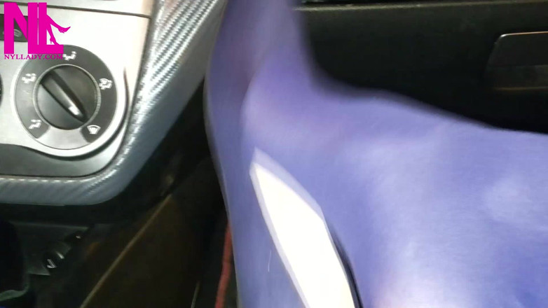Nyllady: Dangling in Blue Pantyhose and Blue Flats on a Gas...