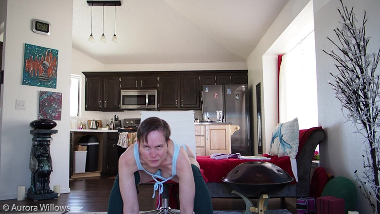 Aurora Willows: Yoga in a blue bodysuit and knee high socks