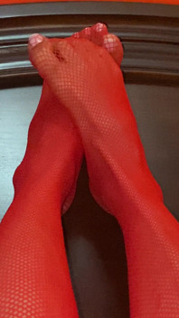 Really Sexy Legs with Tiny Sexy Asian Feet with Long Toes Red Stockings