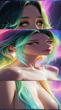 Parlak gözlü kozmik neon güzellik portresi rüya gibi fantezi ai art slayt gösterisi