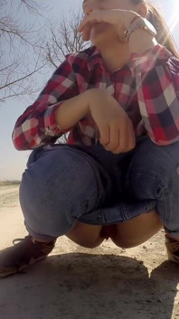 Desperate Babe with Full Bladder Empty Her Bladder and Pee on a Dirt Road