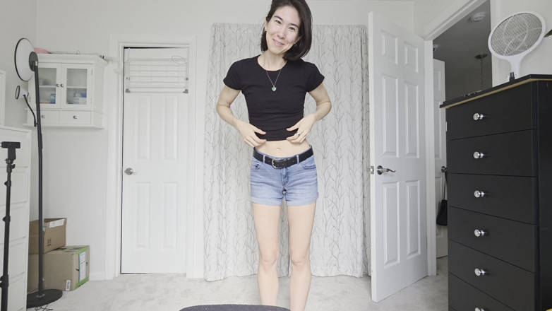 Ms_Emmy_Lynn: Skinny Fit Asian Outfit Sports Bra Thong Jean Shorts