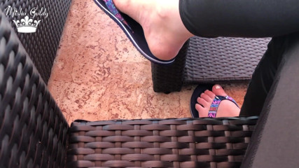 Goddess Misha Goldy: Flip flops dangling outdoor near lake with silver nails & toes...