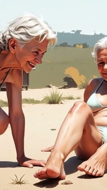 Two Skinny 90 Year Old Grannies - One Licks the Other's Feet in Humiliation
