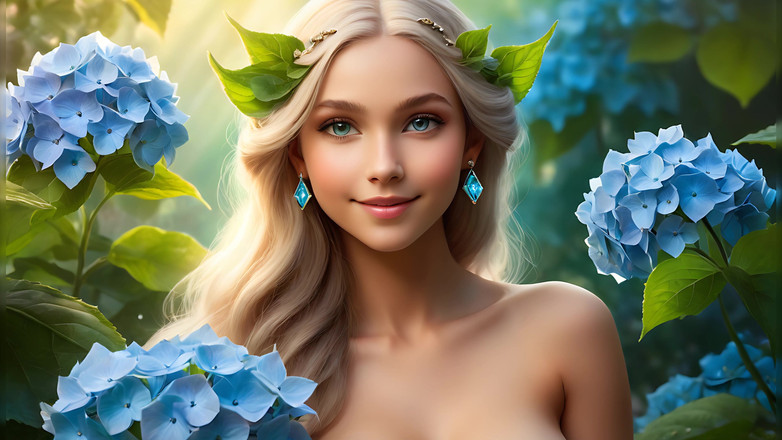 LustRender: Nud Beauty Holding Sky-hydrangea albastru | Jade Green Diamond Elegance | Prezentare...