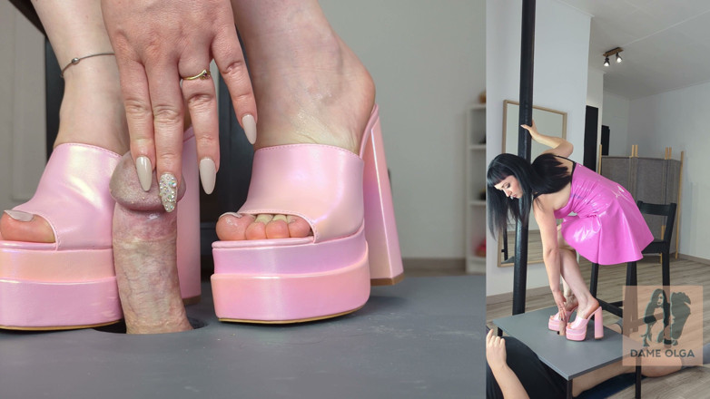 Dame Olga: Shoejob &amp; Cum on Pink Block Heel Mules Under Cock Table -...