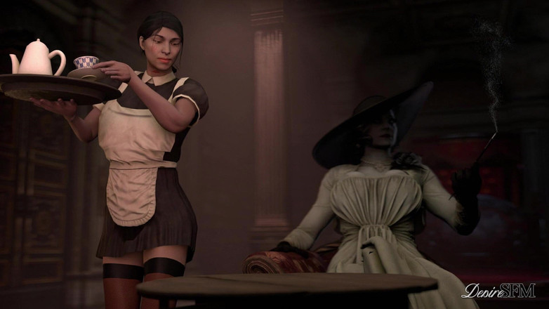 DesireSFM: Futa Lady Dimitrescu अपनी इच्छुक घर की नौकरानी/निवासी Evil futanari/joy का मुखौटा गर्भवती करती है