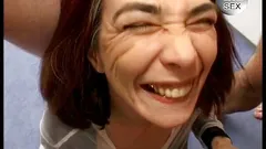 Slutty mature brunette gets cum in mouth by multiple cocks in a gangbang