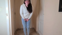 domslutfucker: Brunette Slut Desperately Needs to Piss, Pisses in Her Blue...