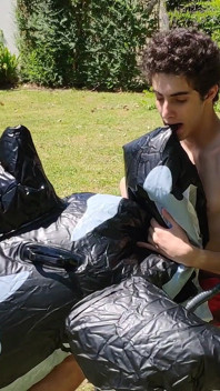 Beautiful Man Inflates His Inflatable Whale Near Pool Outside