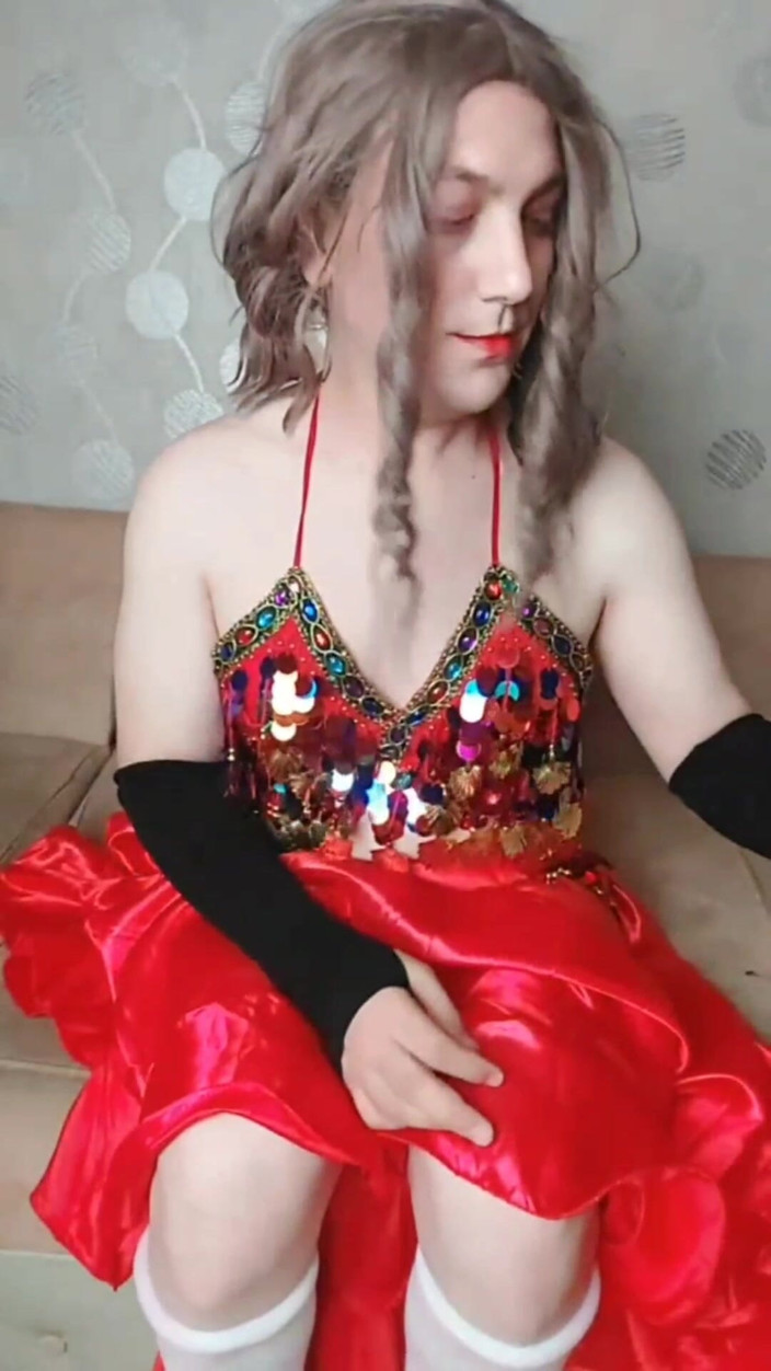 Kitty_Cross: Belly Dancer Femboy in Red Seductive Dress