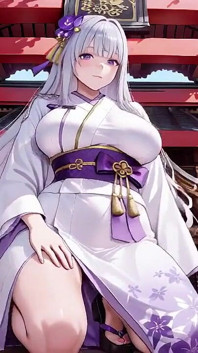 Segreti del Santuario miko dai capelli argentati! Kimono bianco mezza sbottonata, pose inginocchiata e intenso contatto visivo.