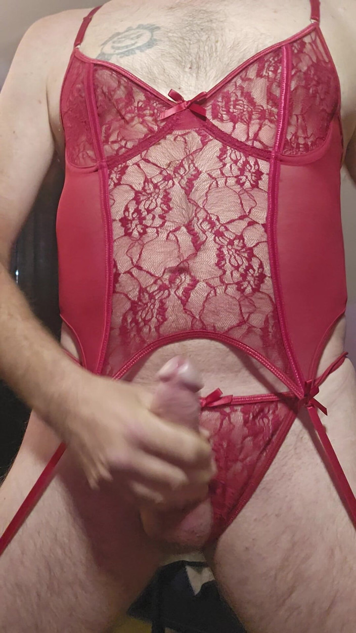Fantasies in Lingerie: Red Lace Cumshot