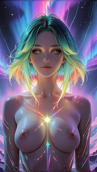 Cosmic Neon Beauty Portret cu ochi luminoși de vis, fantezie Ai Art Slideshow