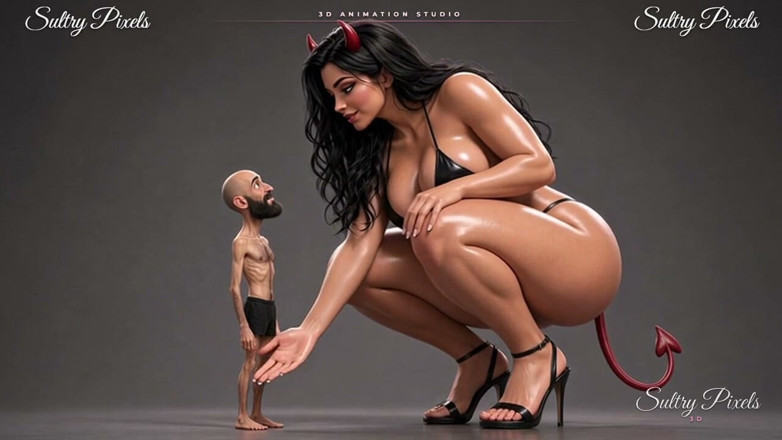Sultry Pixels 3D: Riesige she-devil strippt für ihren kleinen bärtigen mann oben ohne -...