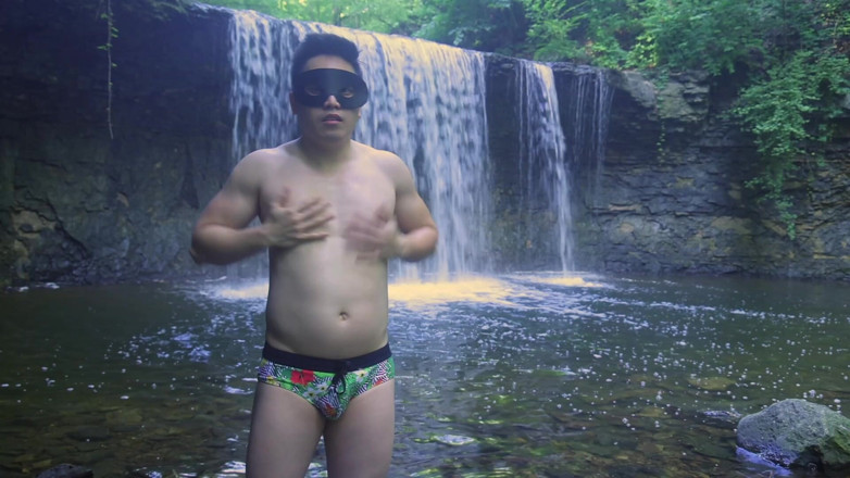 Barenakedmuscles: Muscular Asian Hunk Flexes in Speedo by Waterfall - Tight Ass &amp;...