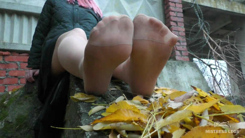 Mistress Legs: Outdoor nylon legs plays with autumn leafs