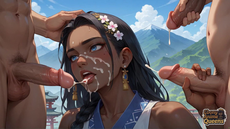 Ebony Anime Queens: Ratu mulut deepthroat gunung Sky dalam lucah gelap-hued.