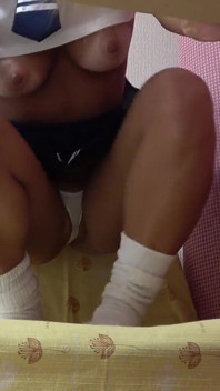 Big Tits, Thigh, Leg, Thong, Camel Toes of Tanned Japanese Girl in Miniskirt Uniform in Apartment, Observed From Under the Desk