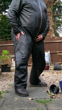 Leather Overalls in the Garden