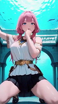 水中ファンタジーのピンク髪の少女がセーラースーツを着て、だらりと水面に触れ、指先が水面に触れ、日差しが肌を濡らしている。