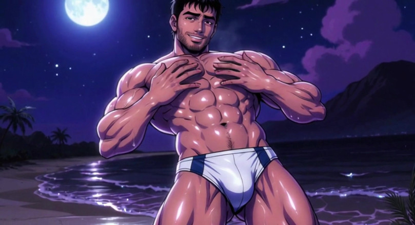 Erotic Man: 해변의 Ai 근육 덩어리