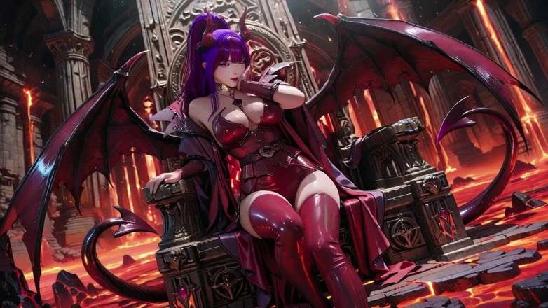 Seraphina Vale: ราชินีปีศาจผมสีม่วง! งานฉลองต้องห้ามบนบัลลังก์ Magma, เกราะสีแดงดําเกาะติดกับผิวที่ไหม้เกรียม!