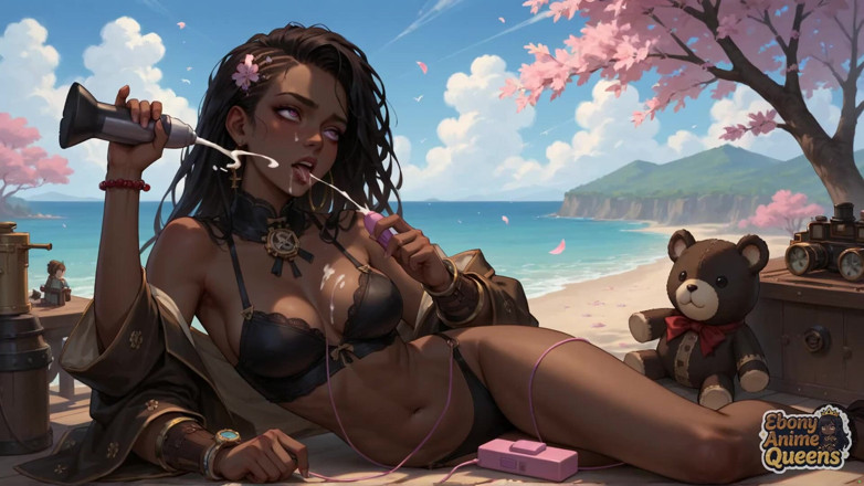 Ebony Anime Queens: Dewi eboni jahat memberikan DT Blossom Cherry di tepi Lautan