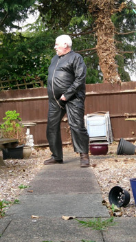 Leather Overalls in the Garden