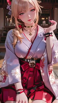Blonde göttin auf dem japanischen Korridor, Faule Blicke, Hand auf Hüften, Sonnenlicht tränkt ihre Haut