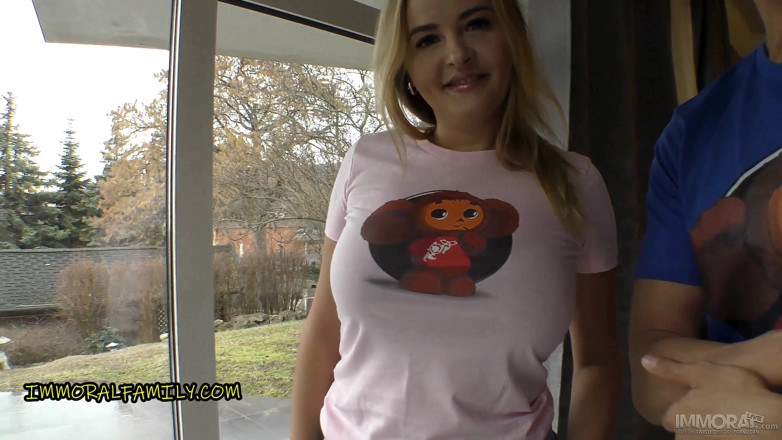 Immoral Family: Massive boobs stepmom loves cheburashka aka soviet union mickey mouse