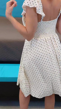 White Dress with Black Polka Dots & Black and Wood High Heels