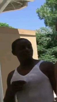 Raquel has a double penetration by two black guys while hubby looks on