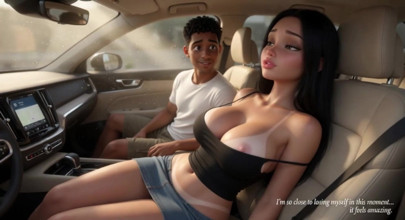 Sexy brünette neckt snackhändler im auto mit dicken titten und bräunungsstreifen - heiße exhibitionistin teil 1 (ai generiert)