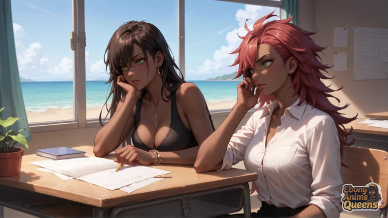 Ebony Anime Queens: Čtyři ebenové královny. 1 Pláž. Orální sex, trojky. Sexy špinavá děvka. Nadržený,...