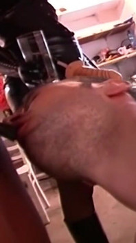 Dominatrix Stretches Submissive Man's Ass Wide in Garage