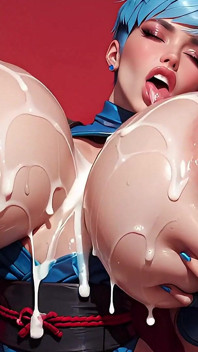Meisjes gaan melkachtige Ninja Cosplay hotties zuigen hun dikke tieten en spuiten melk
